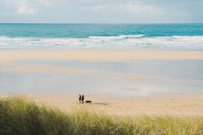 Ein Strand mit zwei Personen und einem Hund, die am Sand entlanggehen, mit dem Meer im Hintergrund.