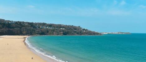 A beach with clear turquoise water, a sandy shore, and a forested hill in the background.
