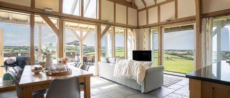 A spacious room with a high ceiling, wooden beams, a dining area with a table and chairs, a sofa, and a television.