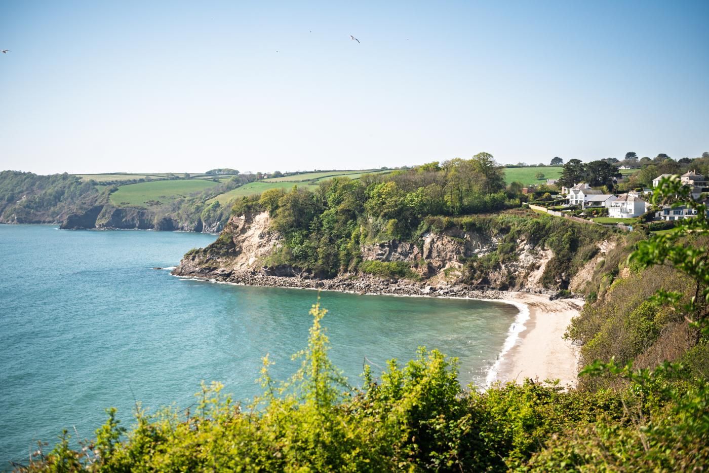 A coastal landscape with a beach, cliffs, and houses.