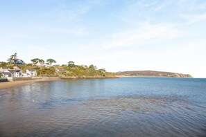 A coastal view with houses along the shore, calm water, and a clear sky.