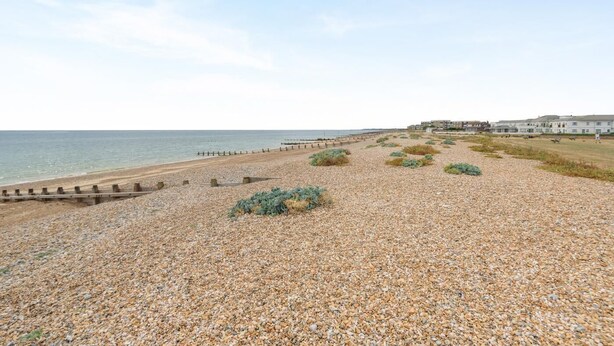A pebbled beach with a wooden jetty, grassy areas, and buildings in the background. - 3 Bed in Rustington (oc-p45430) (Rustington)