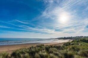 Eine Küstenlandschaft mit Strand, grasbewachsenen Dünen und einer fernen Küstenlinie mit Gebäuden.