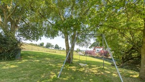 A grassy outdoor area with a swing set and a climbing structure.