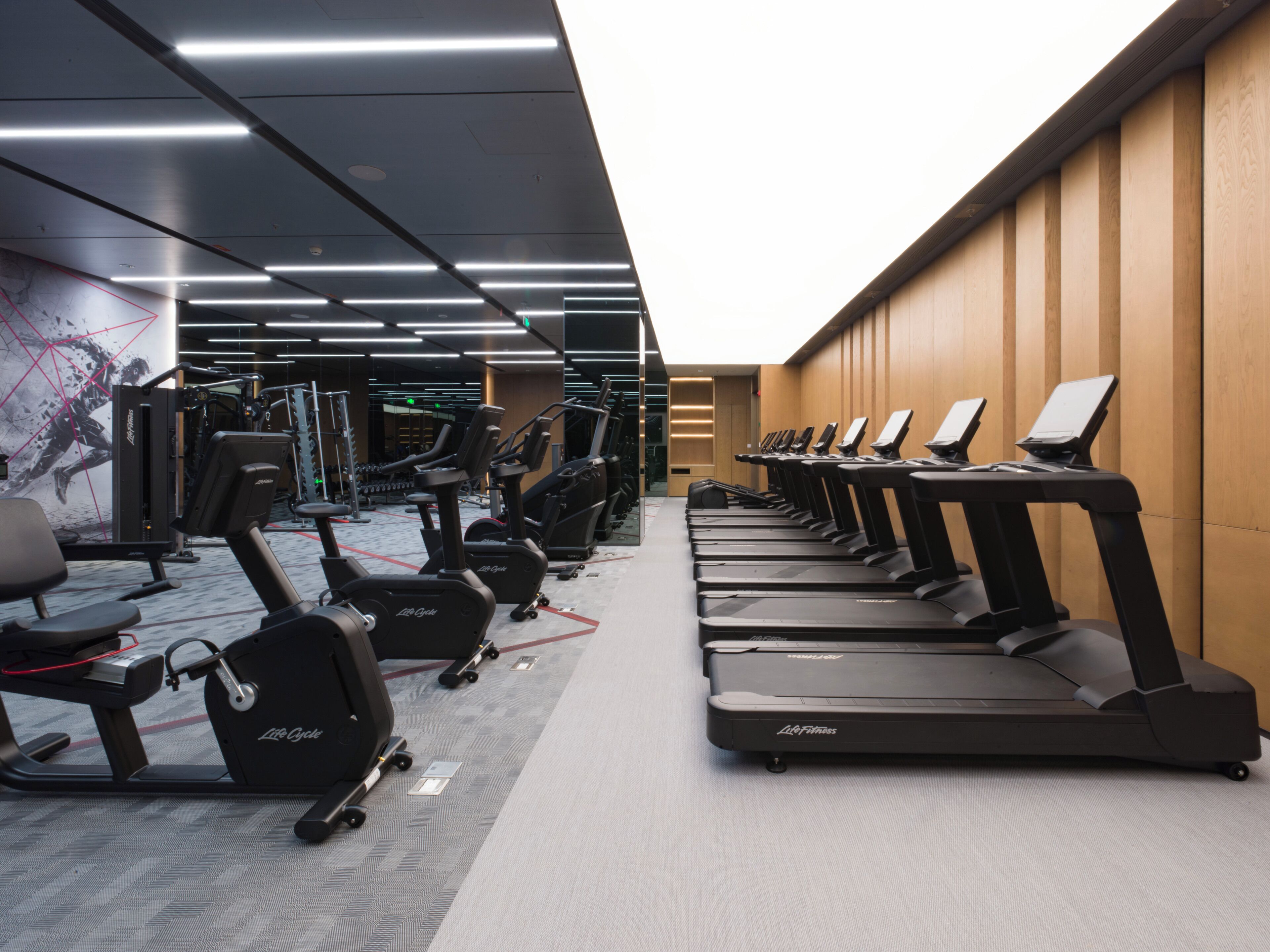 Academia com várias esteiras alinhadas a uma parede de madeira, bicicletas ergométricas e máquinas de musculação.