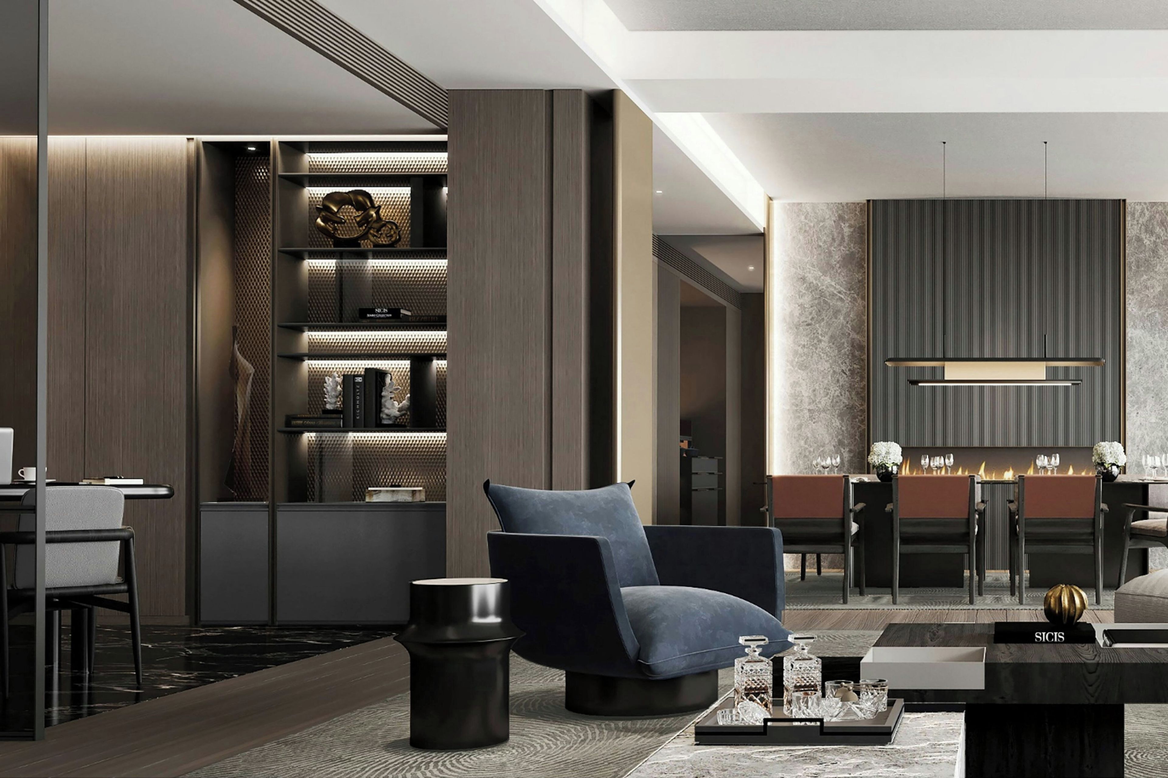 A modern interior with a seating area, a fireplace, and a bookshelf.