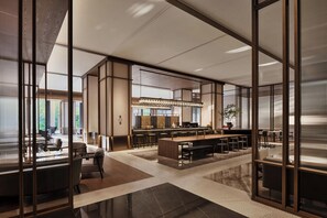 A modern interior with a bar area, seating arrangements, and large windows. - Beijing Marriott Marquis Hotel (Beijing)