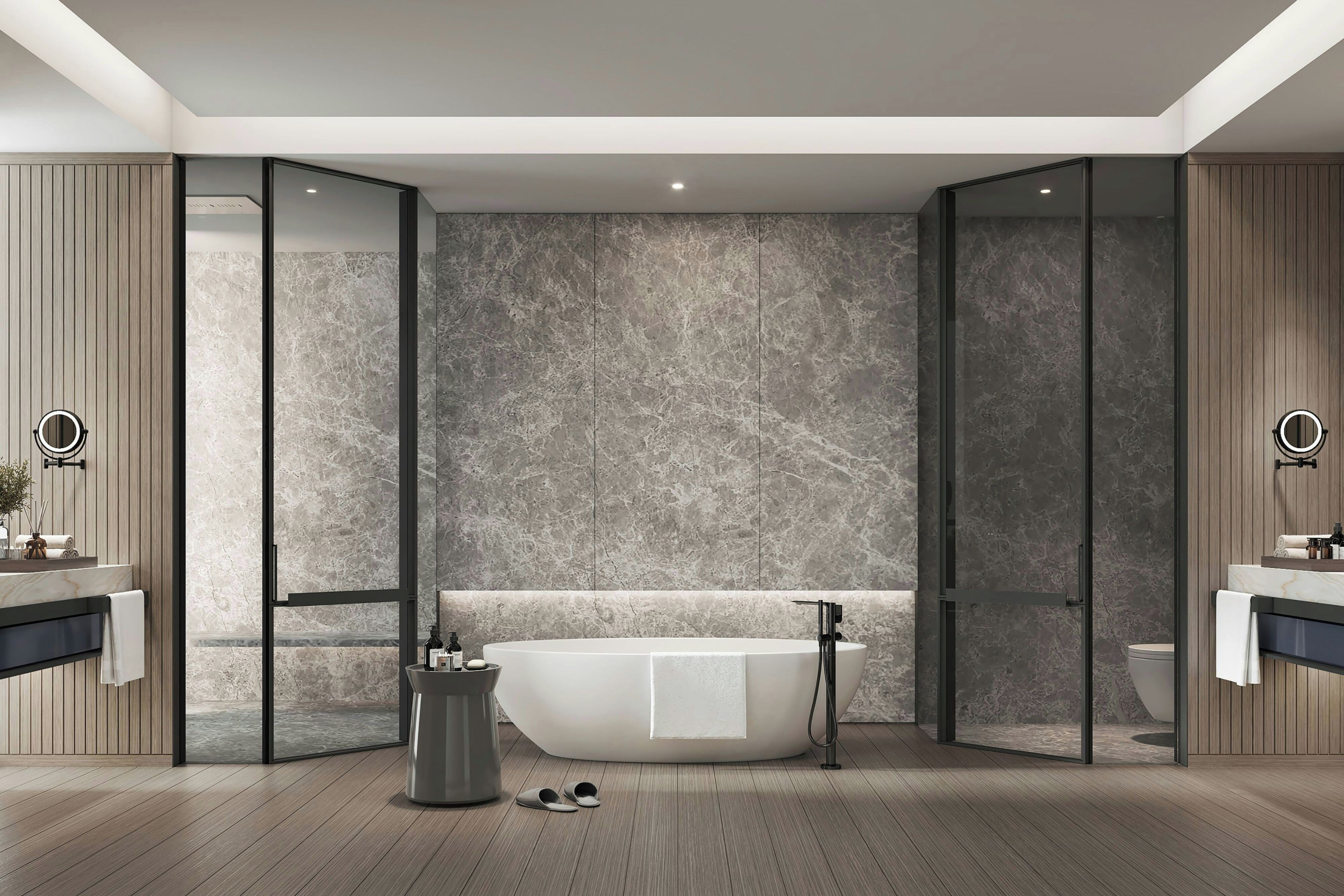 A modern bathroom with a freestanding bathtub, wooden paneling, and a marble backsplash.