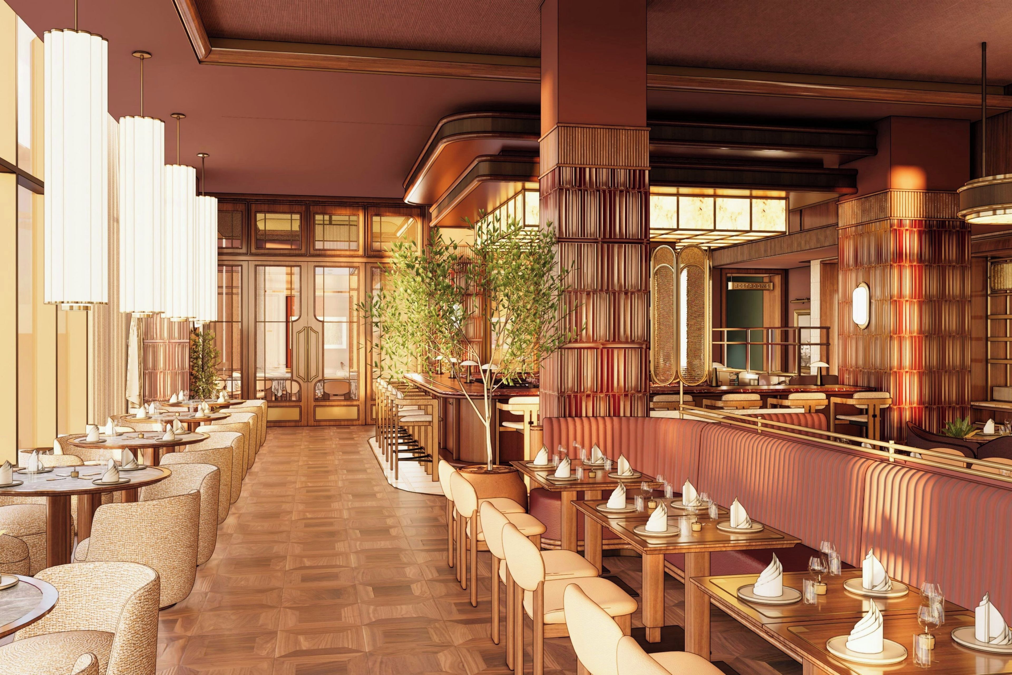 A spacious restaurant with multiple dining tables and chairs, a central walkway, and a mix of natural and artificial lighting.