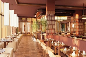 A spacious restaurant with multiple dining tables and chairs, a central walkway, and a mix of natural and artificial lighting. - JW Marriott Detroit Water Square (Detroit)