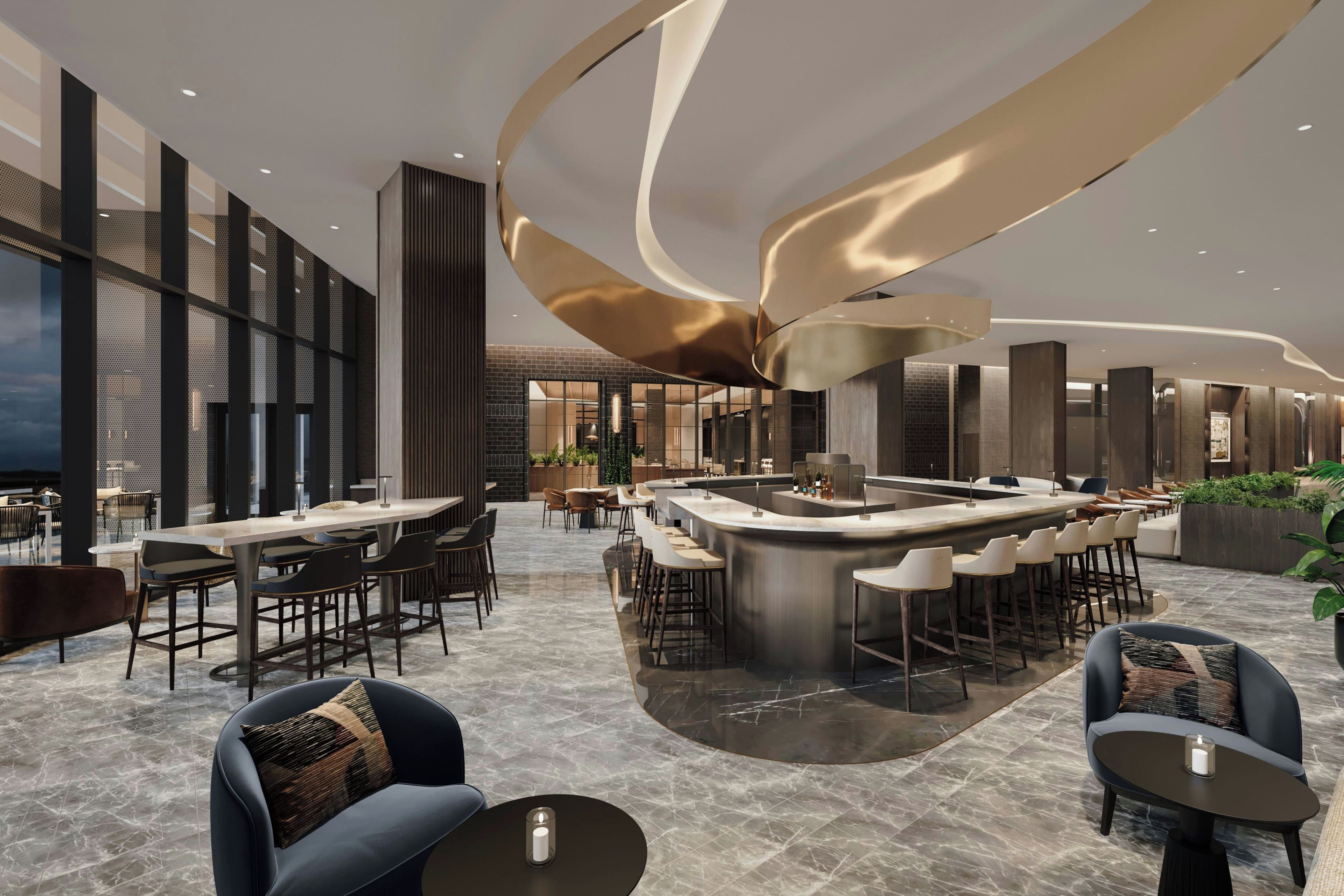 A modern bar area with a curved ceiling and seating arrangements.