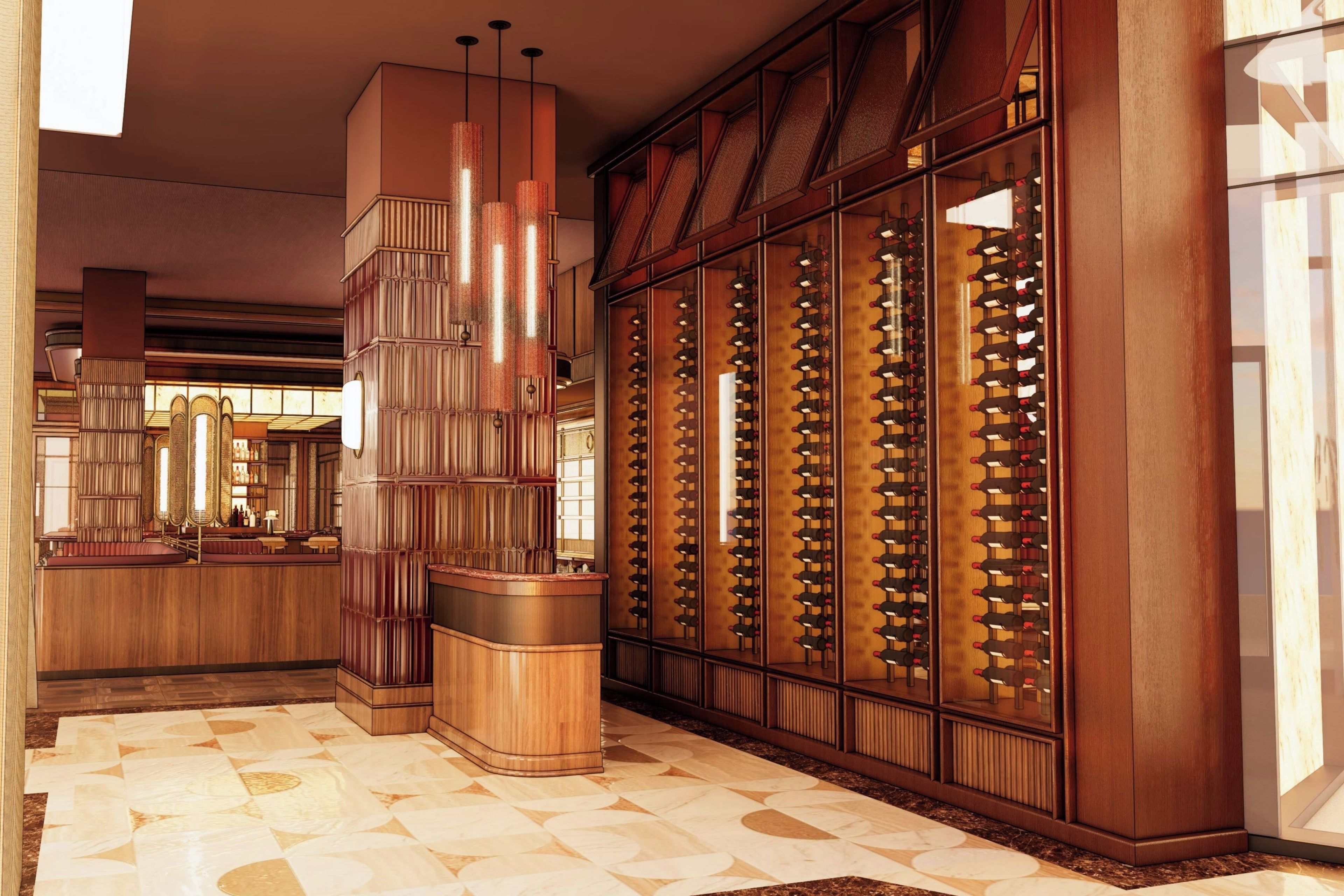 A hotel lobby with a wine cellar, a bar area, and a patterned floor.