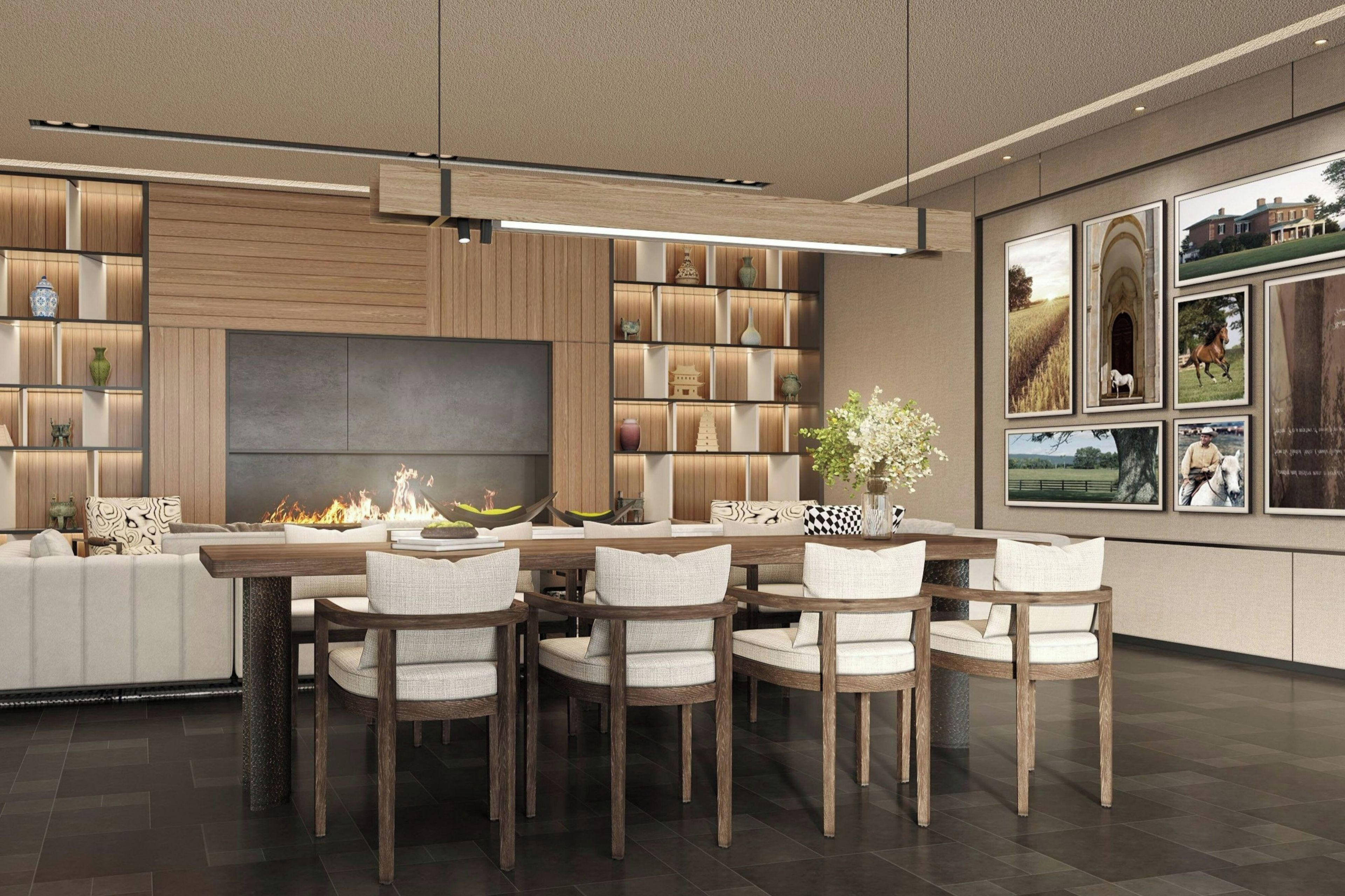A modern dining area with a central fire feature, wooden panel walls, and a large flat-screen TV.