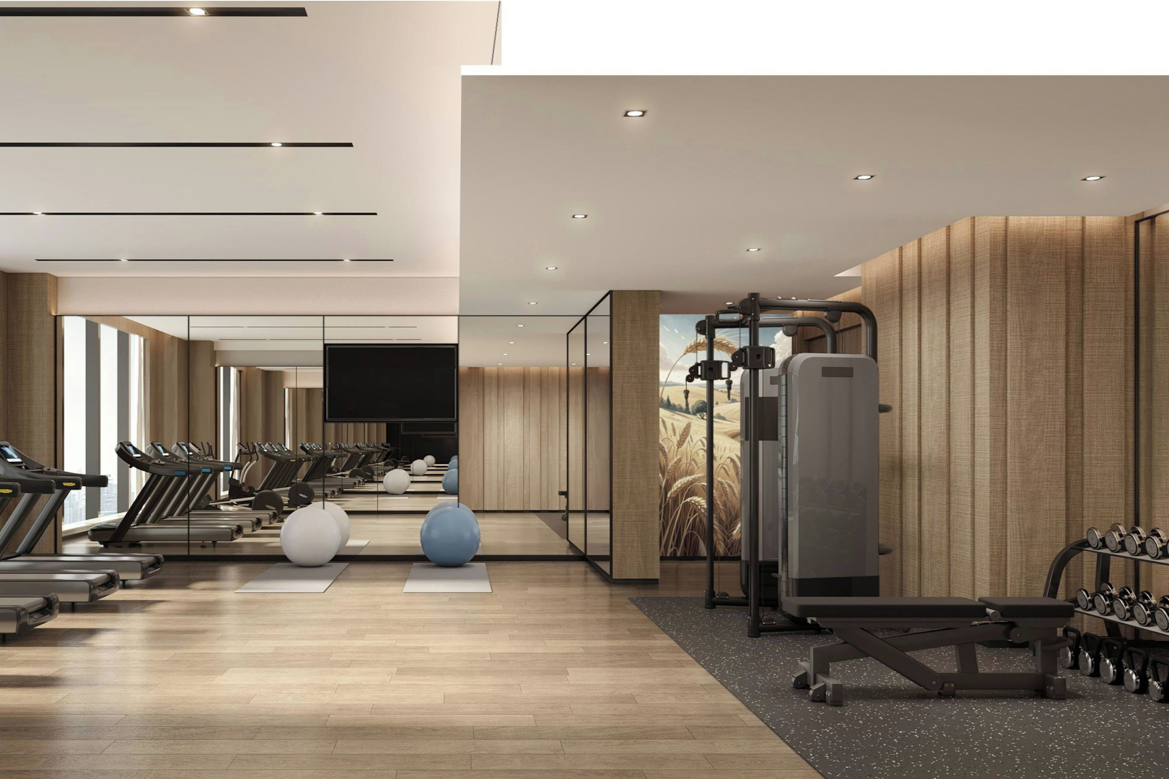 Un gimnasio moderno con cintas de correr, pelotas de ejercicio y equipamiento de levantamiento de pesas.
