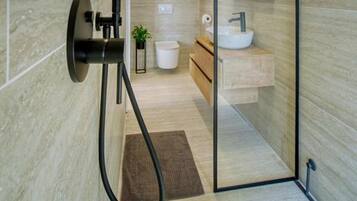 Shower, hair dryer, towels