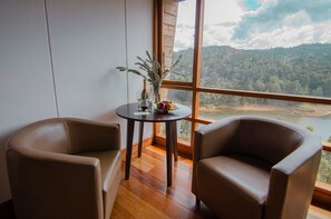 A room with two leather chairs, a small round table with a vase of plants, and a view of a forested landscape through a large window. - Hotel Piedras Blancas (San Felipe)