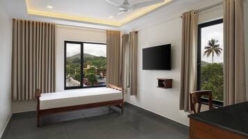 A hotel room with a bed, a TV, a window with curtains, a ceiling fan, and a view of a mountain and palm trees.