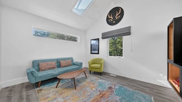 Una sala de estar moderna con un sofá, un sillón y un tapete grande.