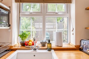 Eine Küche mit großem Fenster, einer Spüle, einem Toaster und einem Blumentopf.