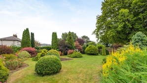 Een goed onderhouden tuin met diverse struiken en gazon.