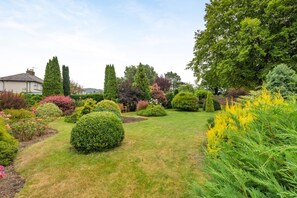 Ein gepflegter Garten mit verschiedenen Sträuchern und einer Rasenfläche.