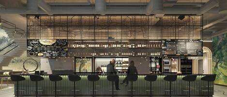 Zona de bar moderna con techo alto, conductos expuestos y una pizarra de menú.