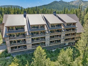 A multi-story lodge with balconies and large windows, surrounded by forested mountains.