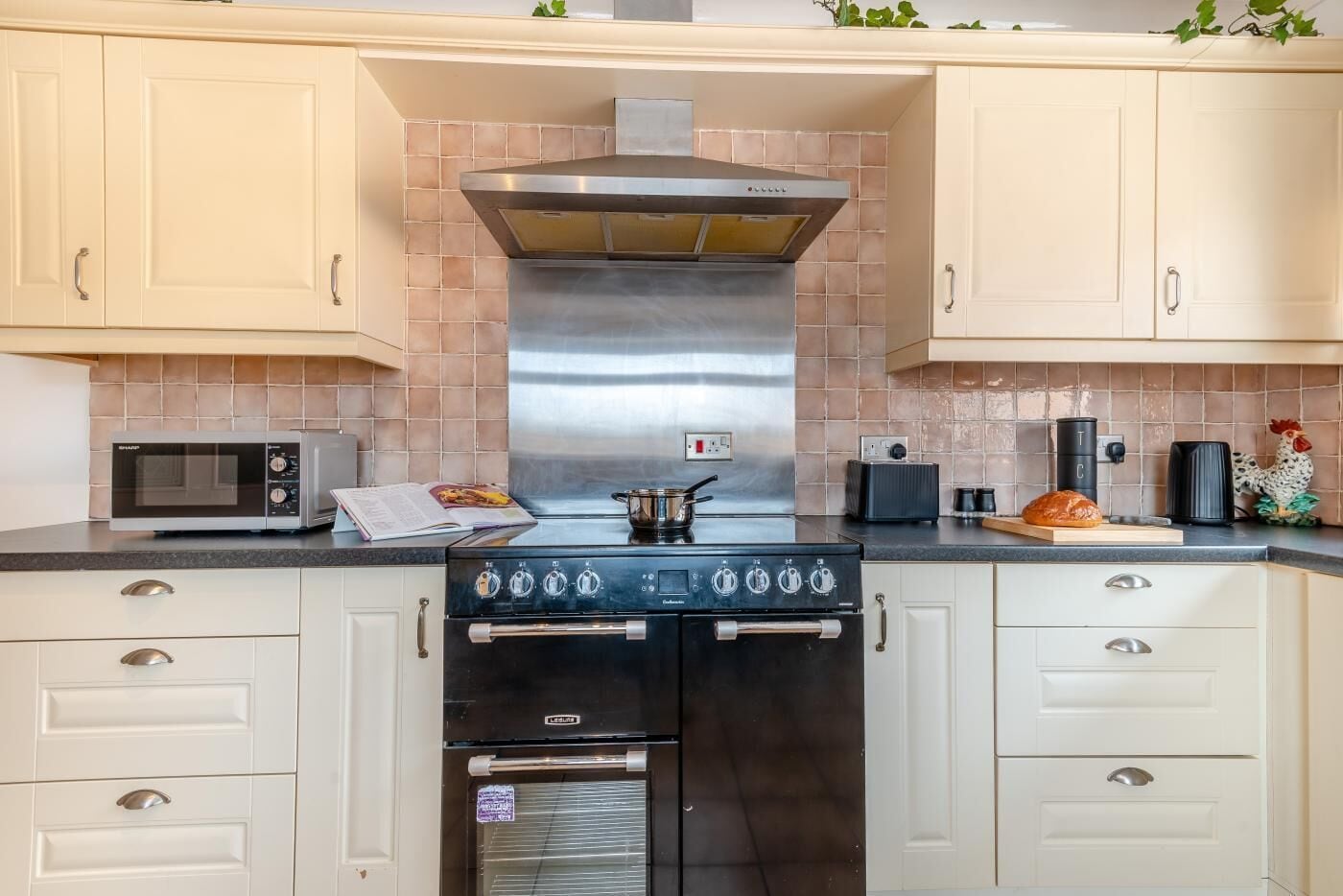 Microwave, oven, cookware/dishes/utensils
