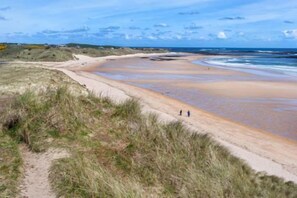 Ein Strand mit einem sandigen Pfad und Dünen.