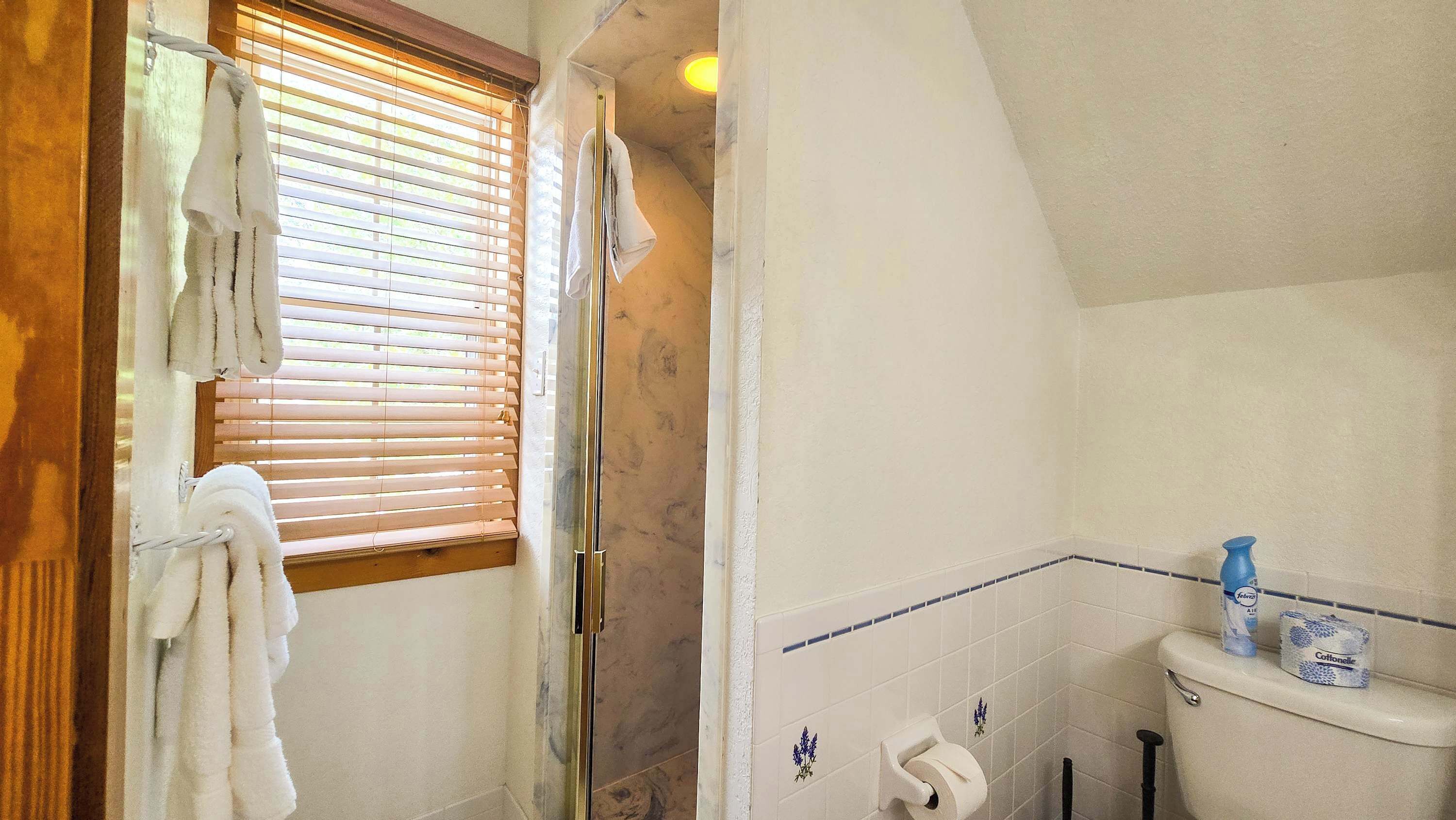 A bathroom with a shower, toilet, and window with blinds.