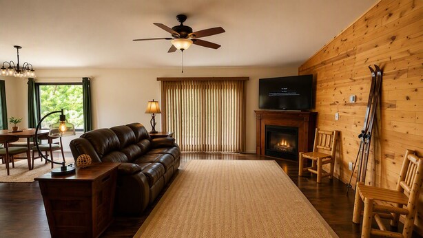 A cozy living room with a leather sofa, a fireplace, a television, and wooden walls.