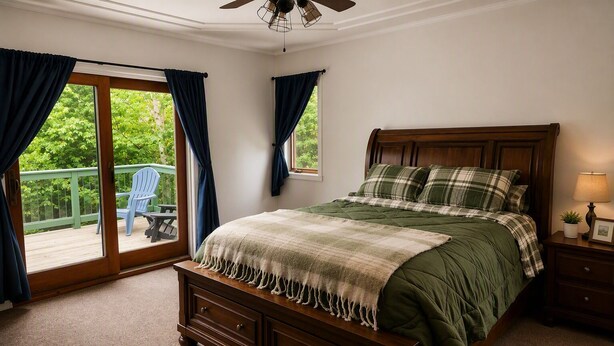 A bedroom with a wooden bed, a nightstand, a lamp, and a view of a balcony with a chair. - Antler Lake Haus - Private Waterfront & ATV/Snowmobile Trail Access (Bigfork)