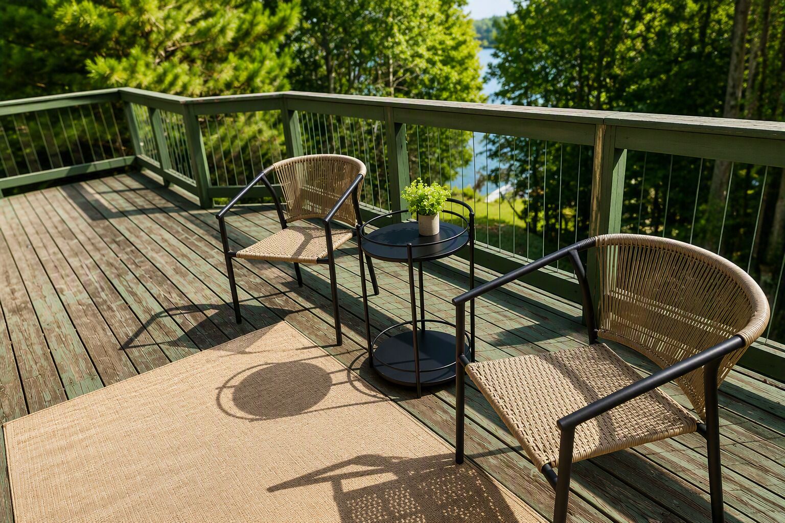 Une terrasse en bois avec deux fauteuils en osier et une petite table ronde, le tout entouré d’une rambarde en métal.