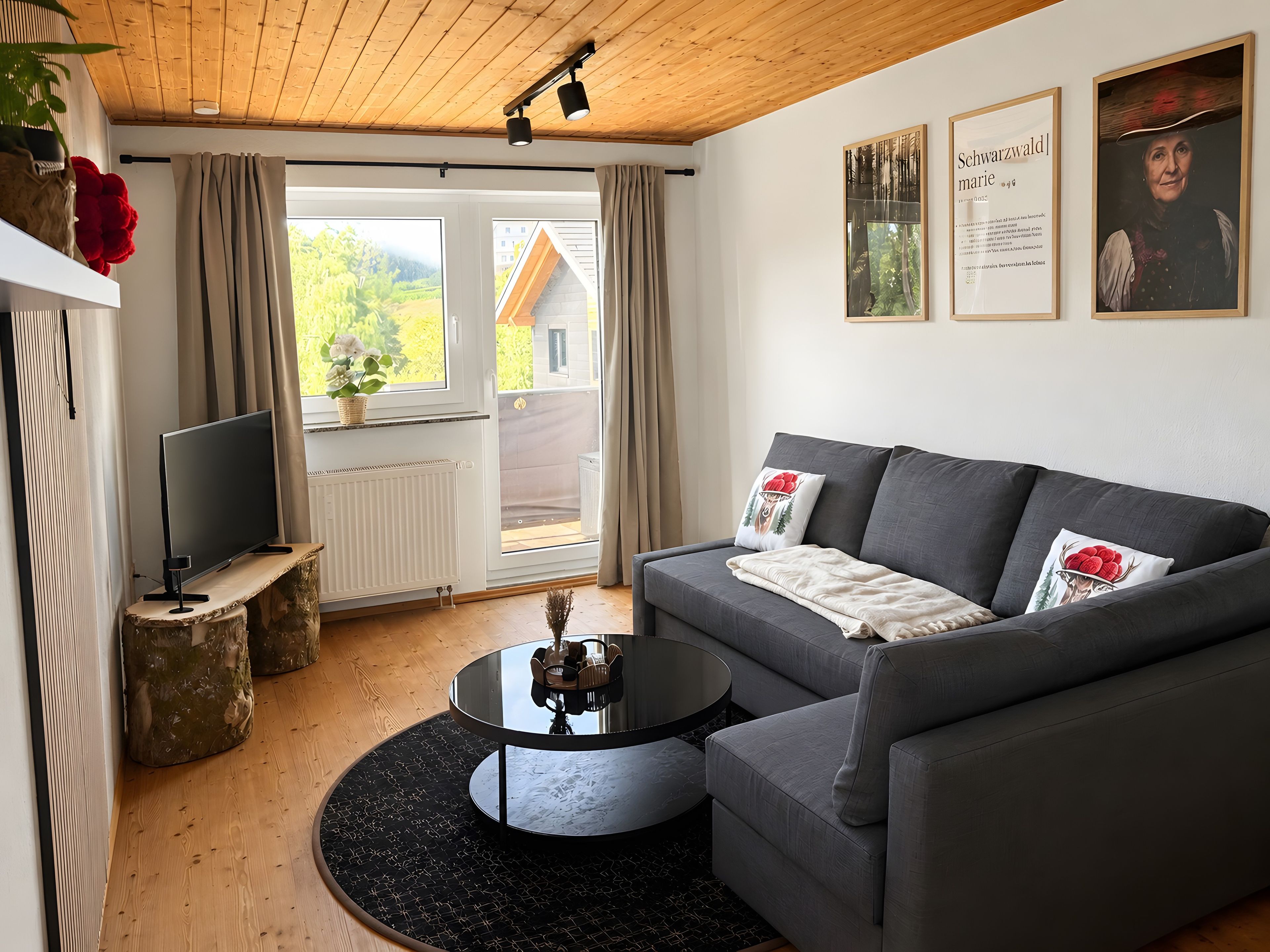 A modern living room with a grey sofa, a round coffee table, and a TV on a wooden stand.