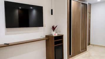 A modern living room with a flat-screen TV mounted on the wall, a wooden entertainment unit, a sliding wooden door, and a small potted plant.