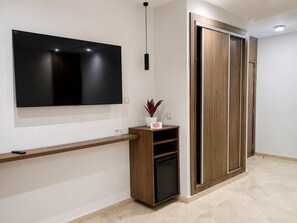 A modern living room with a flat-screen TV mounted on the wall, a wooden entertainment unit, a sliding wooden door, and a small potted plant.