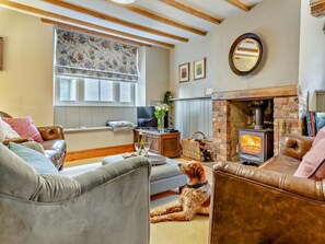 A cozy living room with leather sofas, a fireplace, a television, and a dog. - 3 Bed in Richmond (oc-g0028) (Richmond)