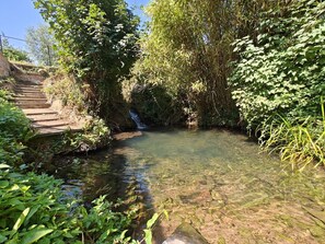A clear water body with a stone pathway leading to a small waterfall. - 1 Bed in Longhope (oc-m45889) (Longhope)