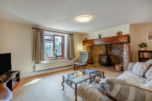 A cozy living room with a fireplace, a comfortable sofa, a television, and a bookshelf. - 2 Bed in Cheddar (oc-v45773) (Cheddar)
