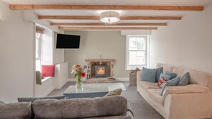 A living room with a fireplace, a sofa, a television, and a window. - 3 Bed in Allendale (oc-b45877) (Allendale Town)