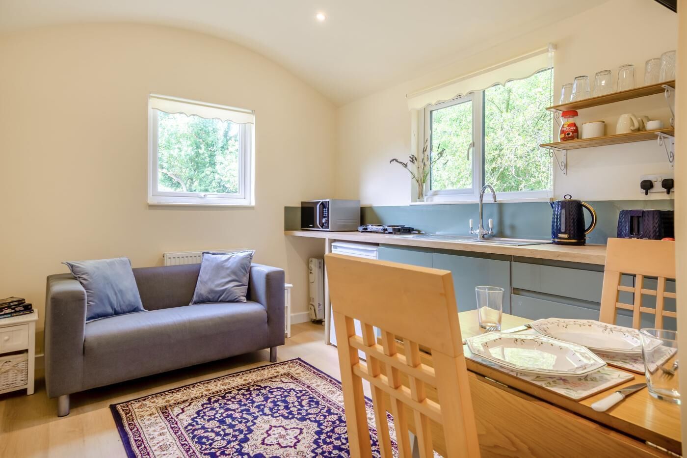 A compact living space with a sofa, dining table, and kitchen area including a microwave and kettle.