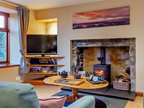 A cozy living room with a fireplace, a flat-screen TV, and a bookshelf. - 4 Bed in Boat Of Garten (oc-78920) (Boat of Garten)