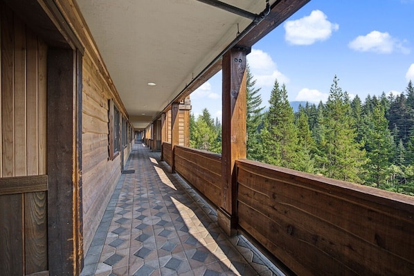 A corridor with wooden walls and a tiled floor leading to a balcony with a view of a forest.