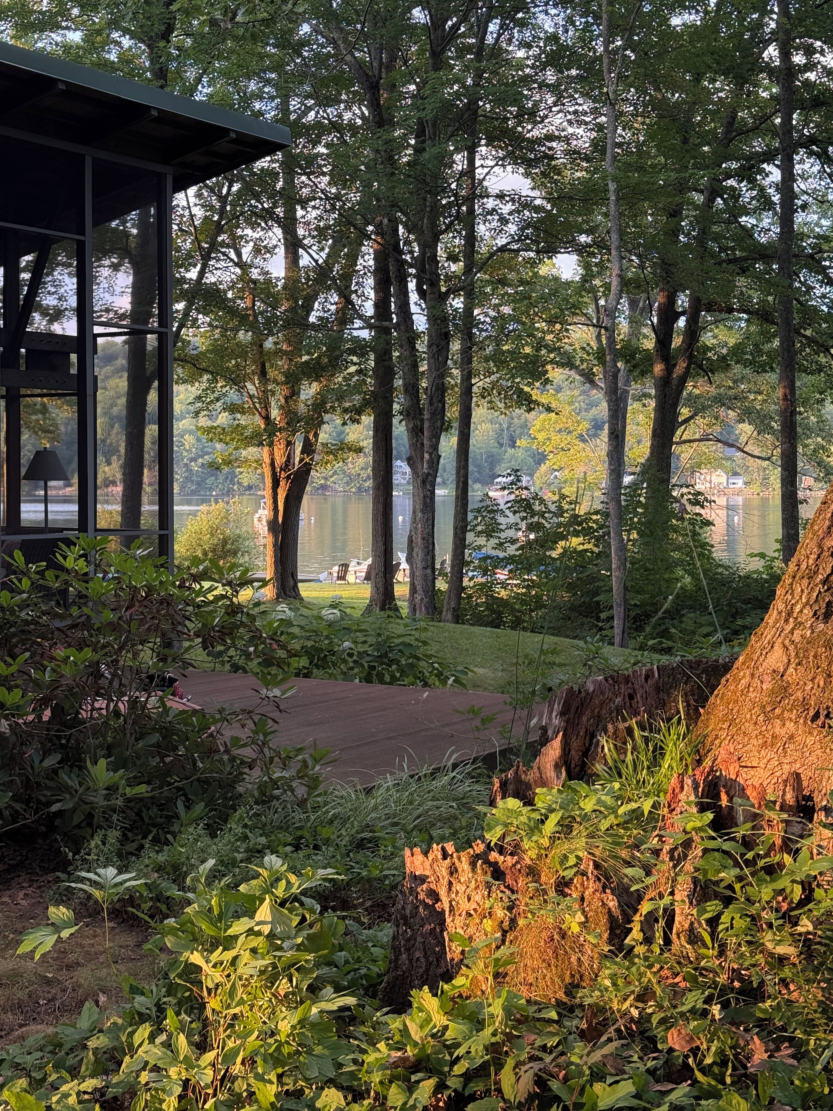 Ein ruhiger Außenbereich mit einer Holzterrasse, üppigem Grün und Blick auf einen See mit Gebäuden im Hintergrund.