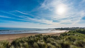 A beach with a clear sky, grassy dunes, and a distant shoreline with buildings. - 4 Bed in Seahouses (oc-h45933) (Seahouses)