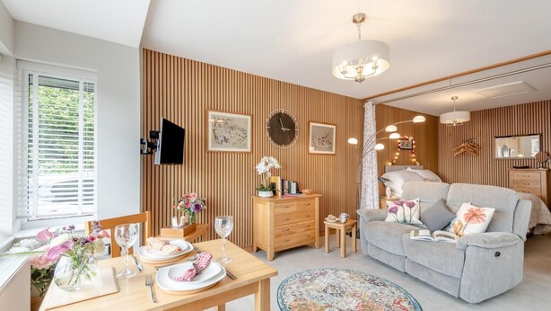 Ein modernes Wohnzimmer mit Essbereich, Holzpaneele, einer Couch, einem Fernseher und einer Uhr.