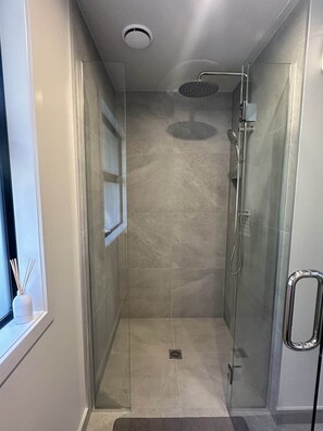 Eine moderne Duschkabine mit Glastür, Handbrause und Regendusche.