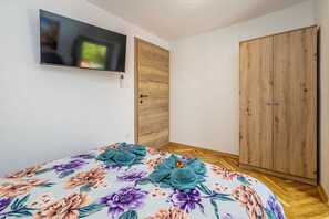 A bedroom with a bed, a television, a wardrobe, and a door. - Holiday house SAN LEONARDO with private pool (Bajčići)