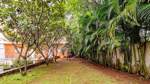 An outdoor area with a grassy lawn, trees, and a concrete wall.