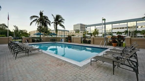 A swimming pool with lounge chairs and umbrellas, surrounded by palm trees and a building in the background.